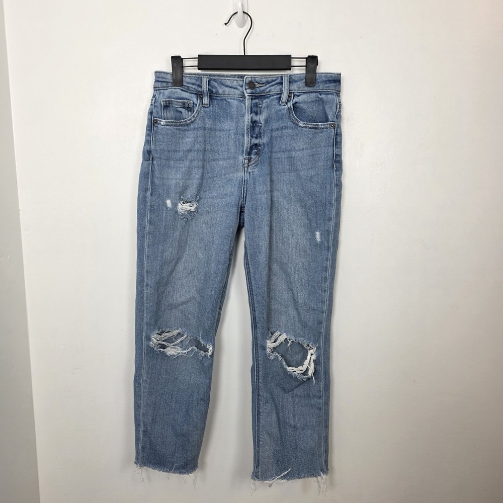 Hidden Light Wash Distressed Raw Hem Cropped Straight‎ Leg High Rise Jeans Sz 27